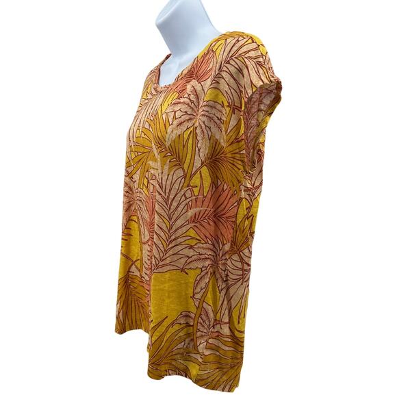 Tahari Luxe Linen Top WMNS M Orange Yellow Tropical Print Back Button Sleeveless - Picture 4 of 8